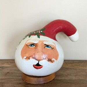 VTG Hand Painted Gourd Santa Claus Christmas Holiday Folk Art Blue Eyes On Base